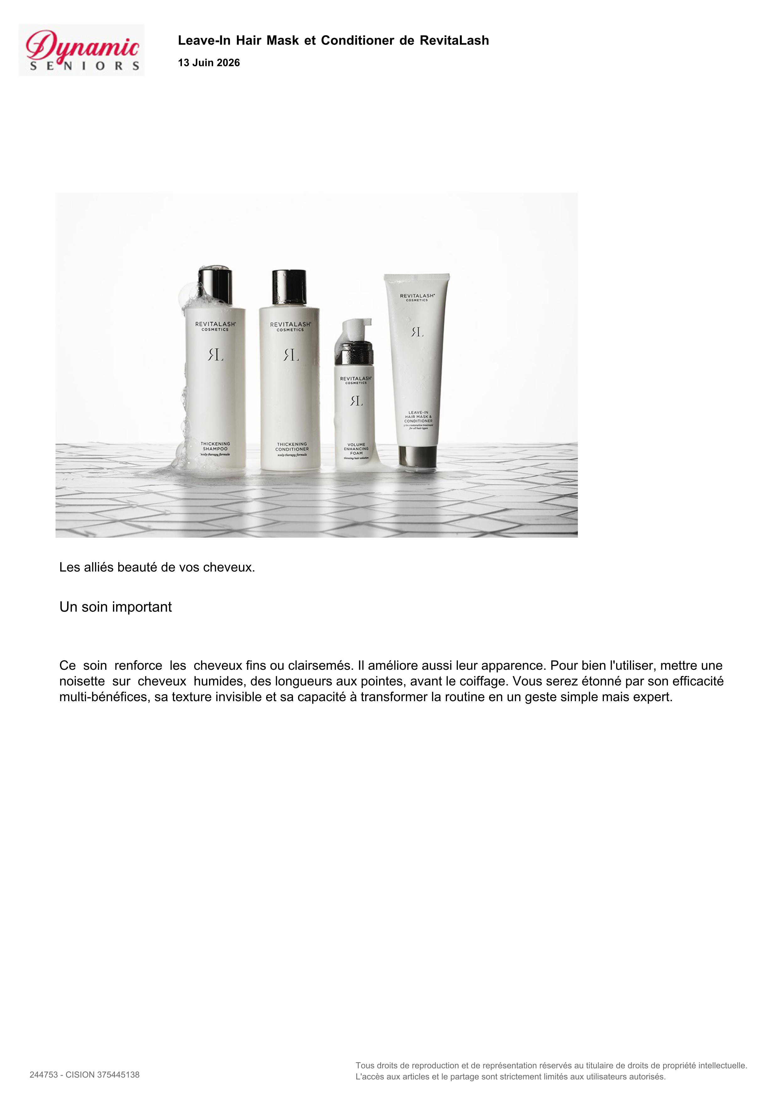 Leave-In Hair Mask & Conditioner de RevitaLash® Cosmetics paru dans Dynamic Seniors - Juin 2026